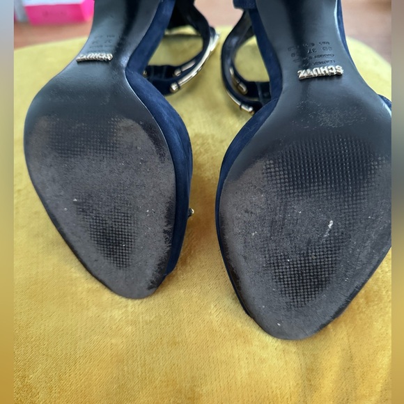 Schutz Sandalia Salto Alto Nobuck Sailfish heels navy/gold size 8 with box - Picture 5 of 16